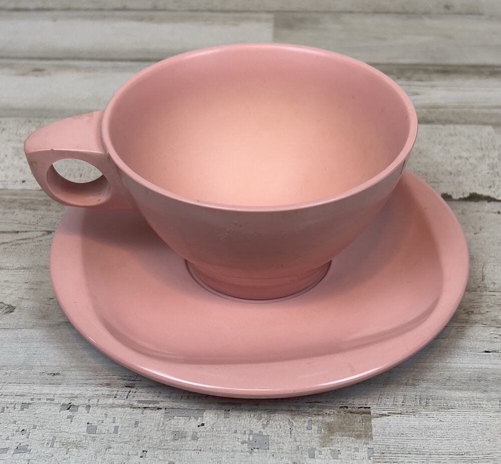 Vintage Boonton Ware Pink Melamine Cup & Saucer Set Mid Century MCM USA